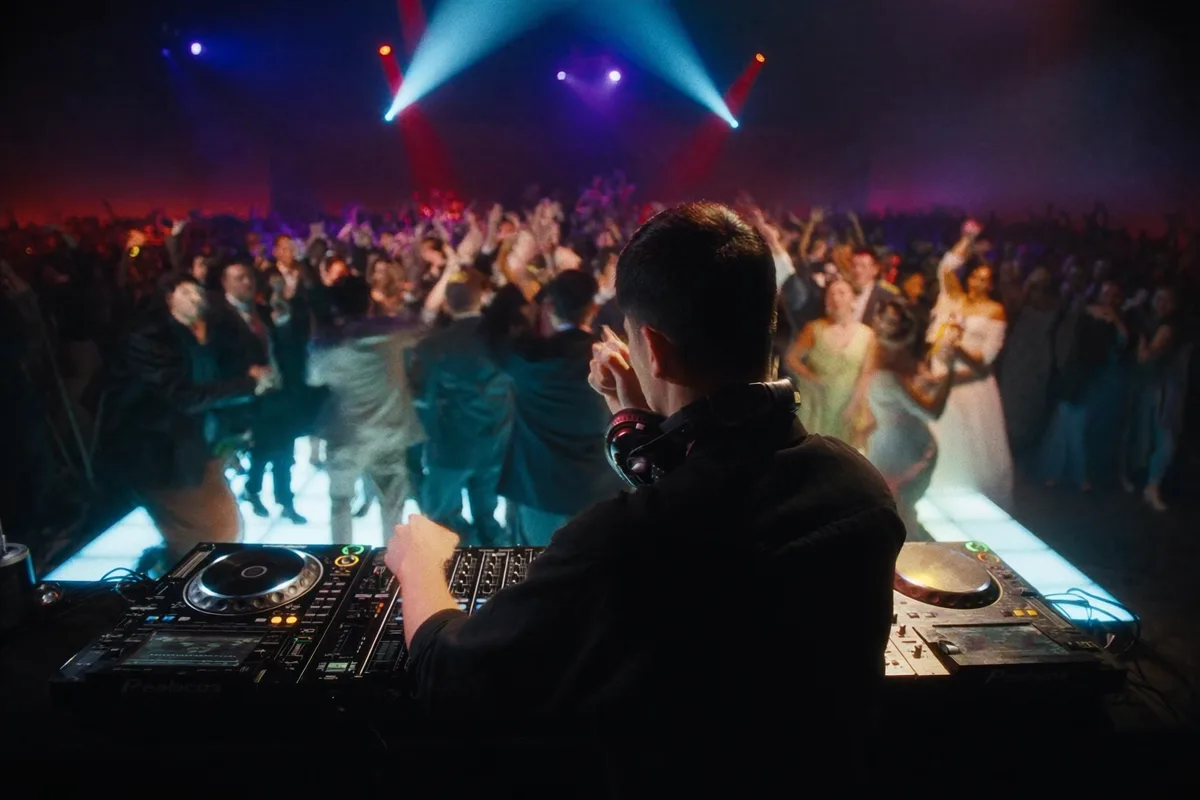 Ilustração: DJ de costas na cabine, tocando para a pista de LED cheia