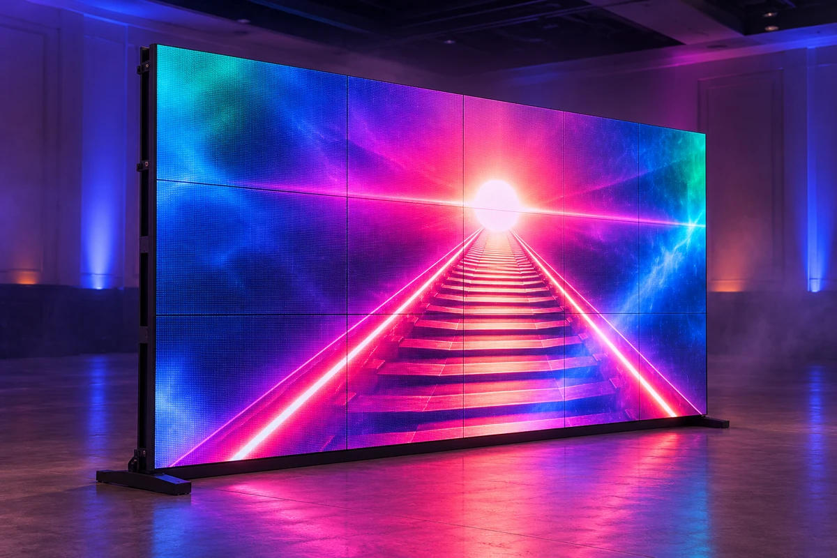 Ilustração de painel de LED ao fundo de um palco, em imagem ilustrativa
