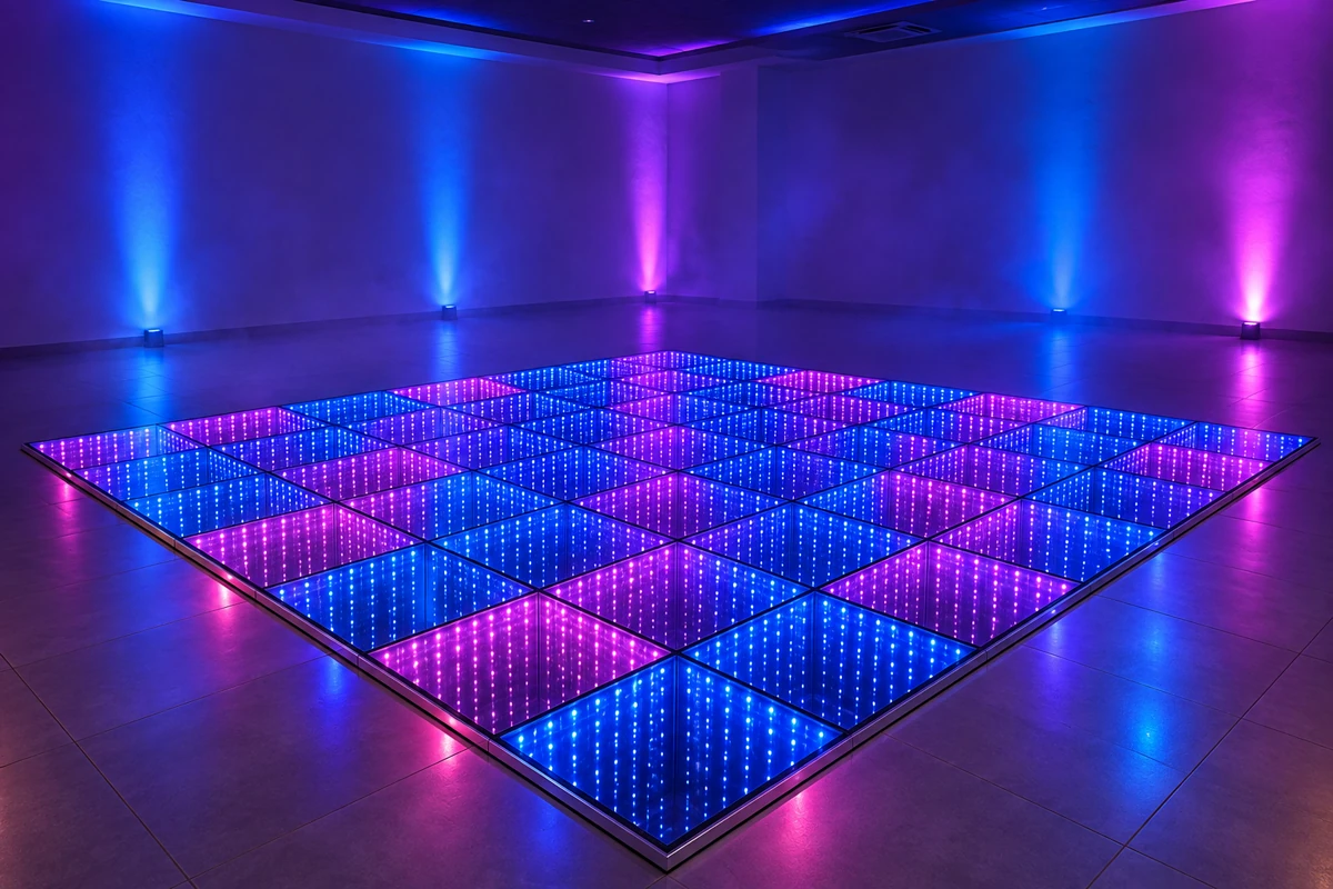 Ilustração de pista de LED com efeito de profundidade infinita acesa no salão, em imagem ilustrativa